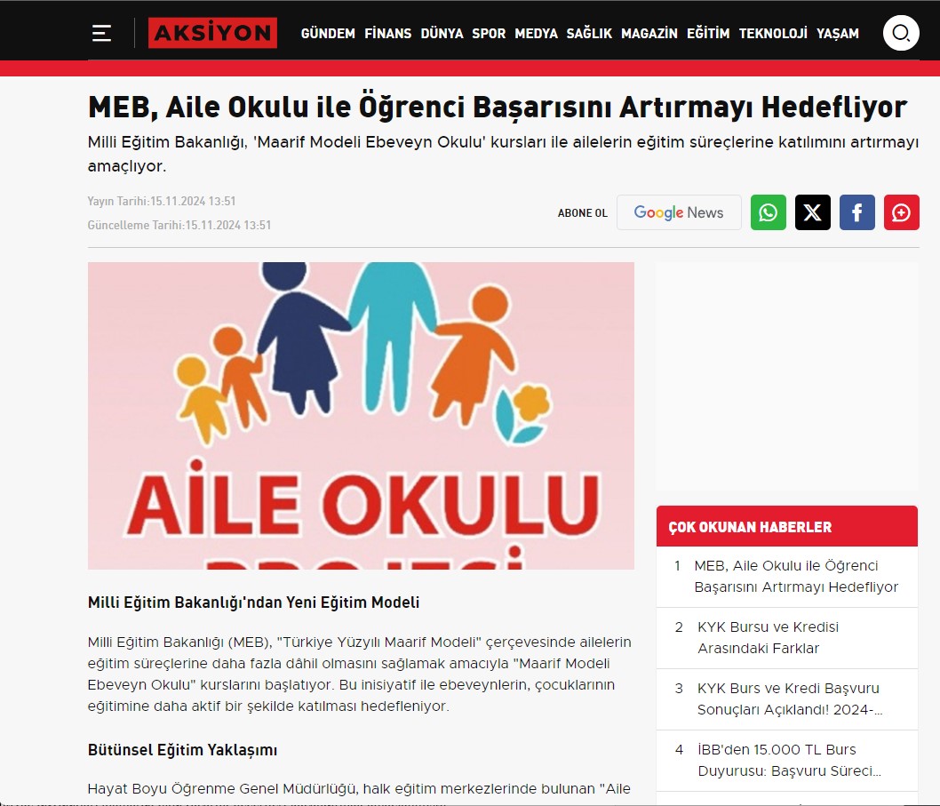 MEB, Aile Okulu ile Öğrenci Başarısını Artırmayı Hedefliyor